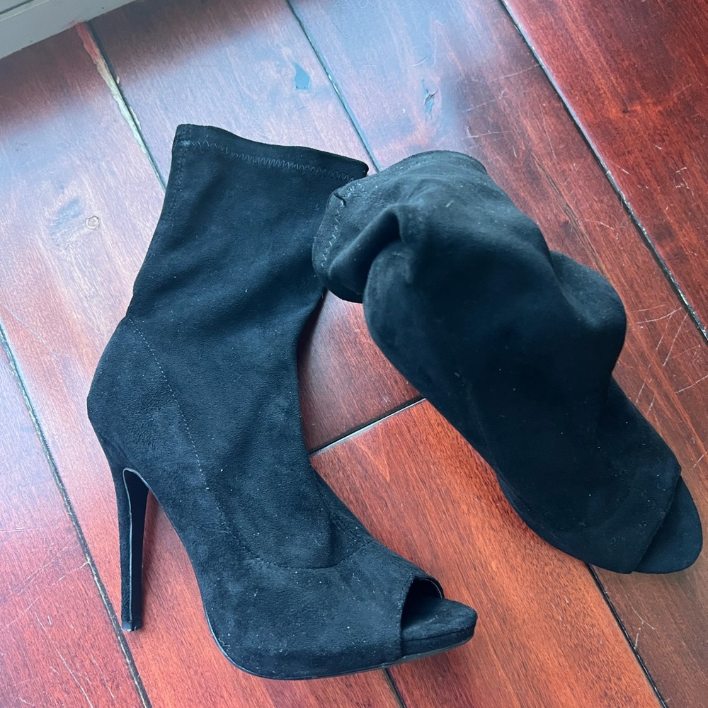 Black suede open-toed heels